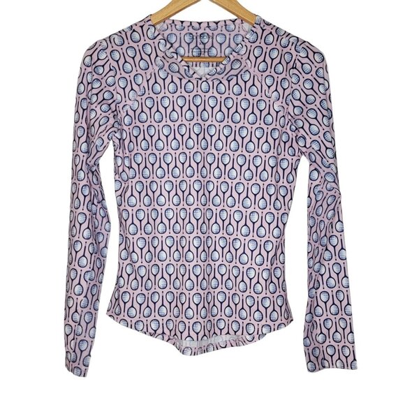 Sansoleil XS Light Pink Racket Pattern V-Neck Long Sleeve‎ UPF 50 Women's Top - Picture 1 of 4